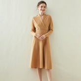 V-neck Midi A-line Cashmere Wrap-up Crossover Waist-length Dress